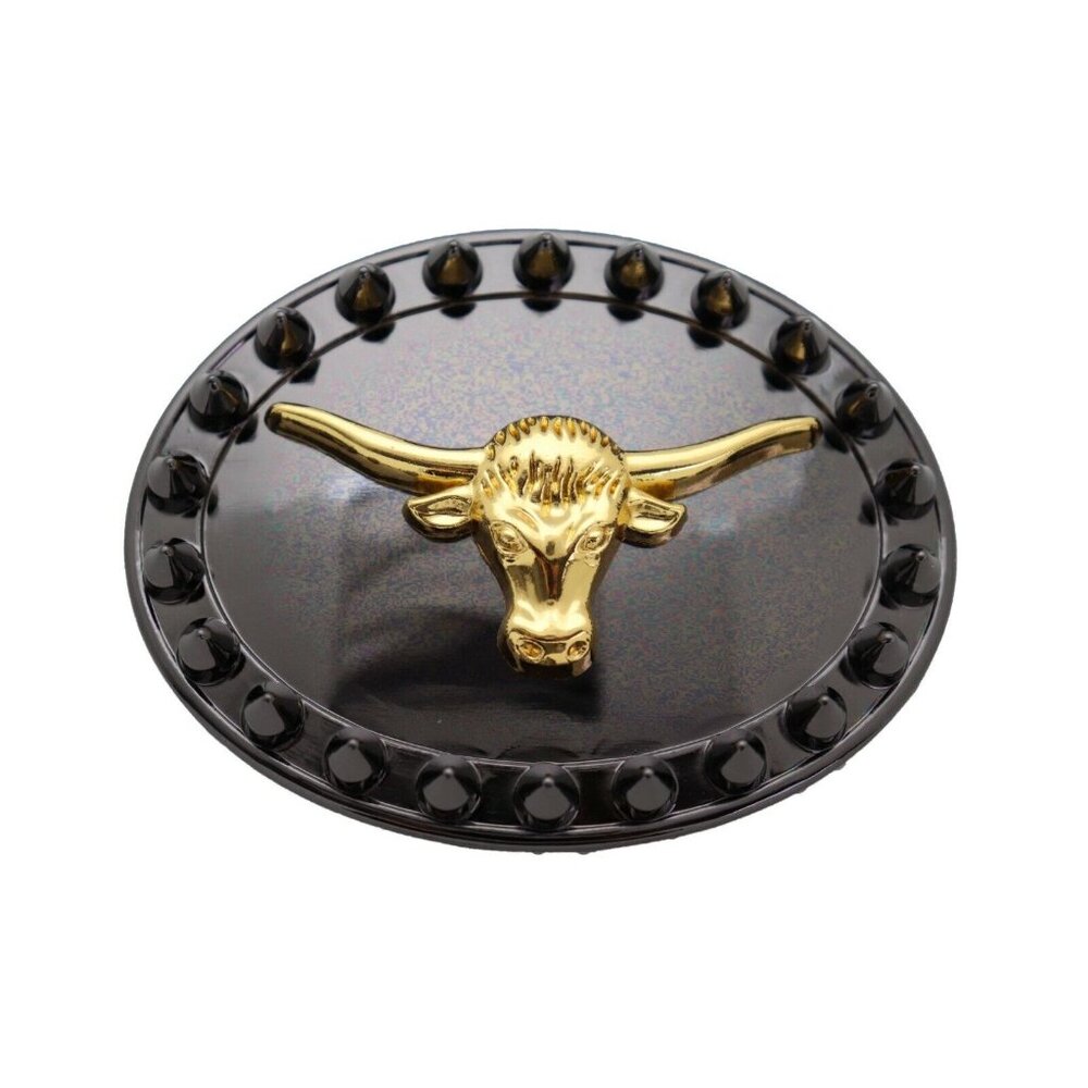 Men Oval Belt Buckle Black Metal Gold Long Horn Cow Bull Texas Western Spikes